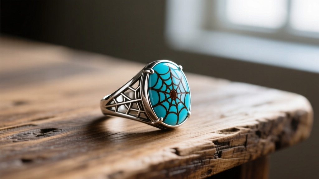Macro shot of a silver ring with a sky-blue turquoise cabochon showing dark brown spiderweb matrix on a rustic wooden table.
