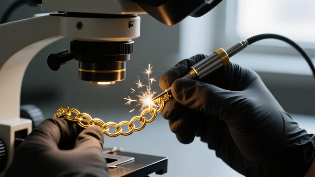 Jeweler using a laser welder under a microscope to repair a crushed hollow tubular link on a delicate gold noodle chain necklace