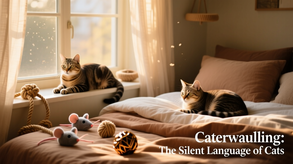 Cozy indoor setup with soft bedding, a window perch, and calming cat toys