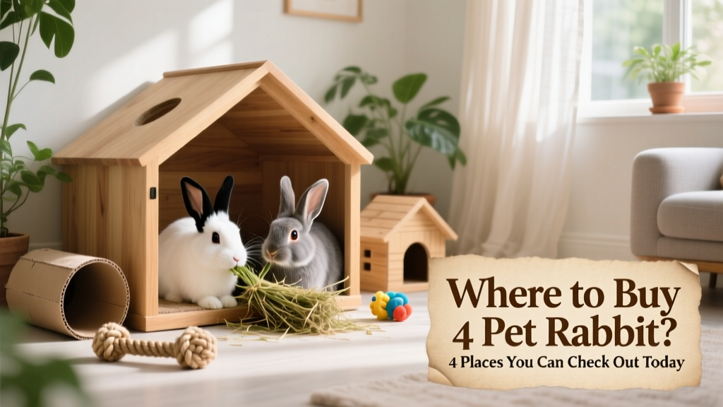 A clean, spacious indoor hutch with toys, hay, and two friendly rabbits interacting peacefully