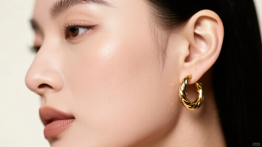 Right ear wearing a single gold huggie hoop, soft studio lighting, modern editorial photo, sharp focus on the metal jewelry detail