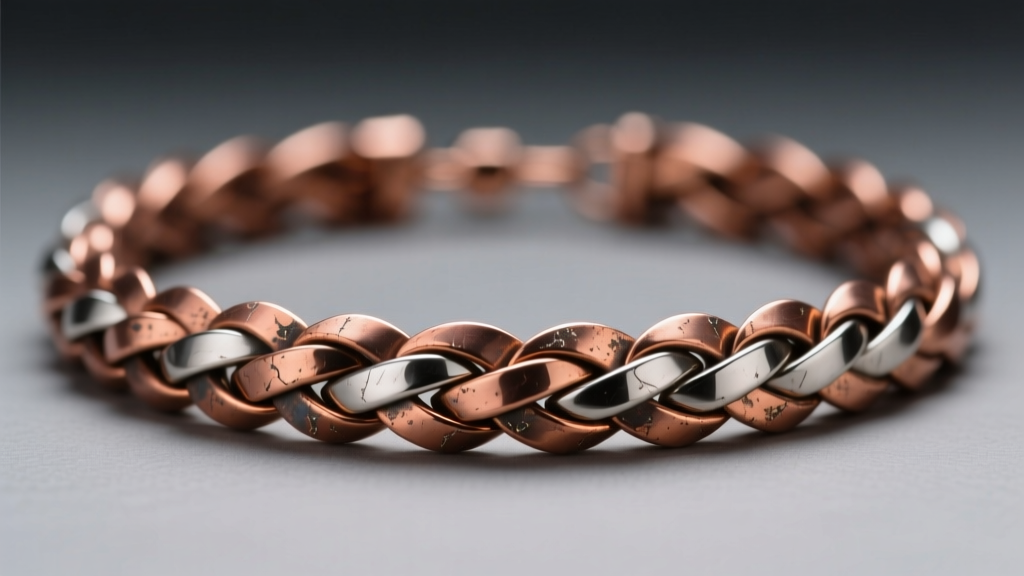 Macro shot of a braided copper and titanium chain necklace highlighting contrasting metal tones under soft moody lighting.