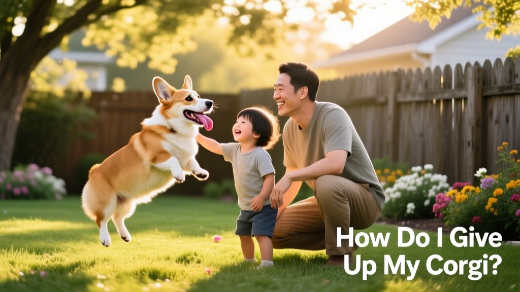 A Corgi happily playing with a child and adult in a sunlit backyard
