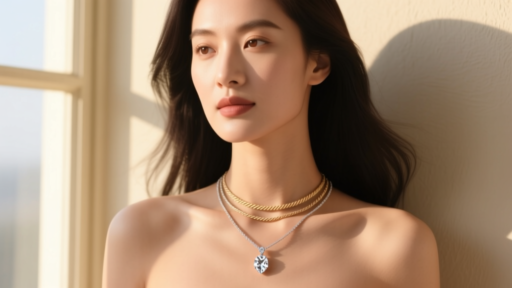 Woman wearing layered necklaces with a 1mm cable chain and a 1.5mm wheat chain holding a sparkling briolette diamond drop pendant