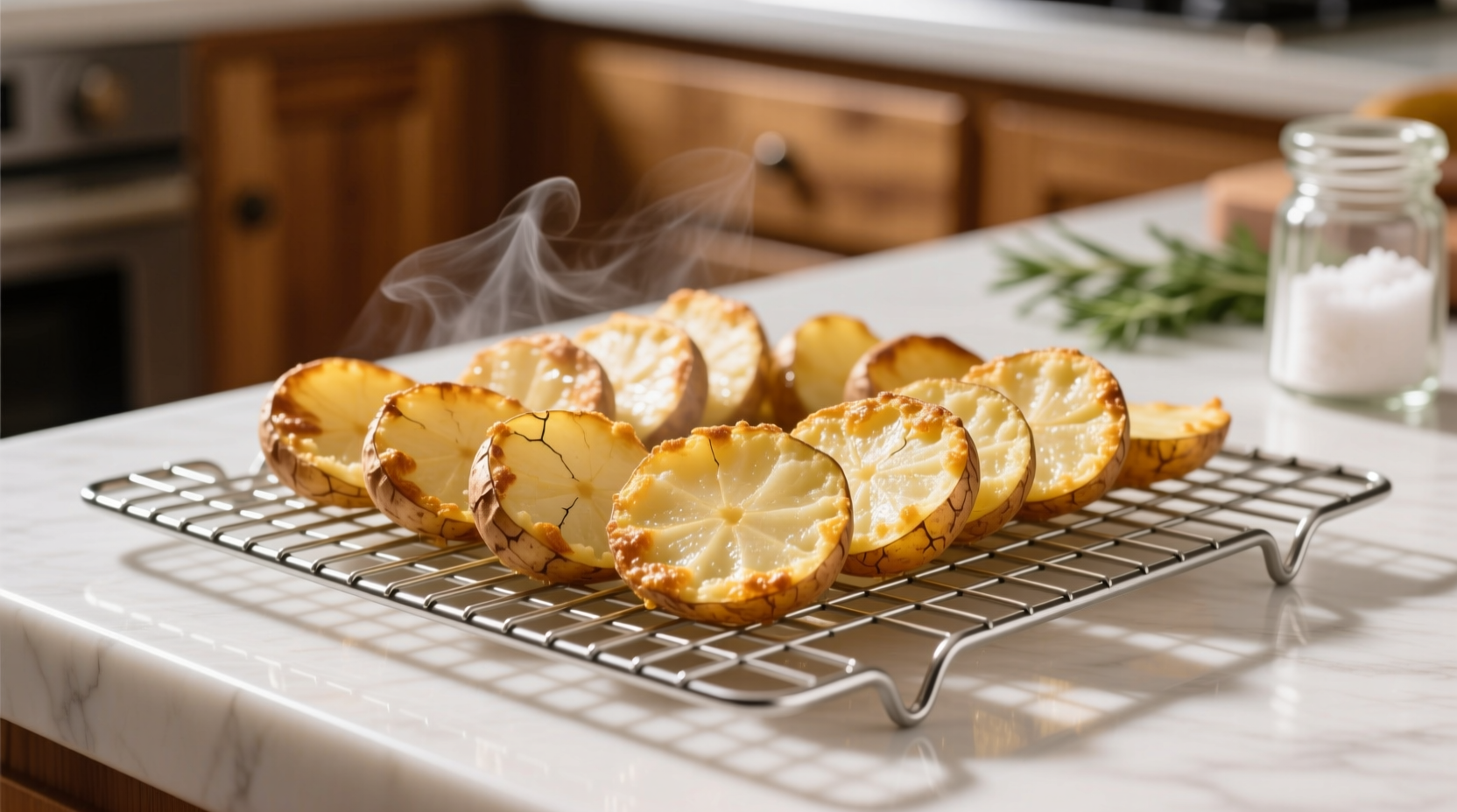 Golden brown crispy potato slices on wire rack