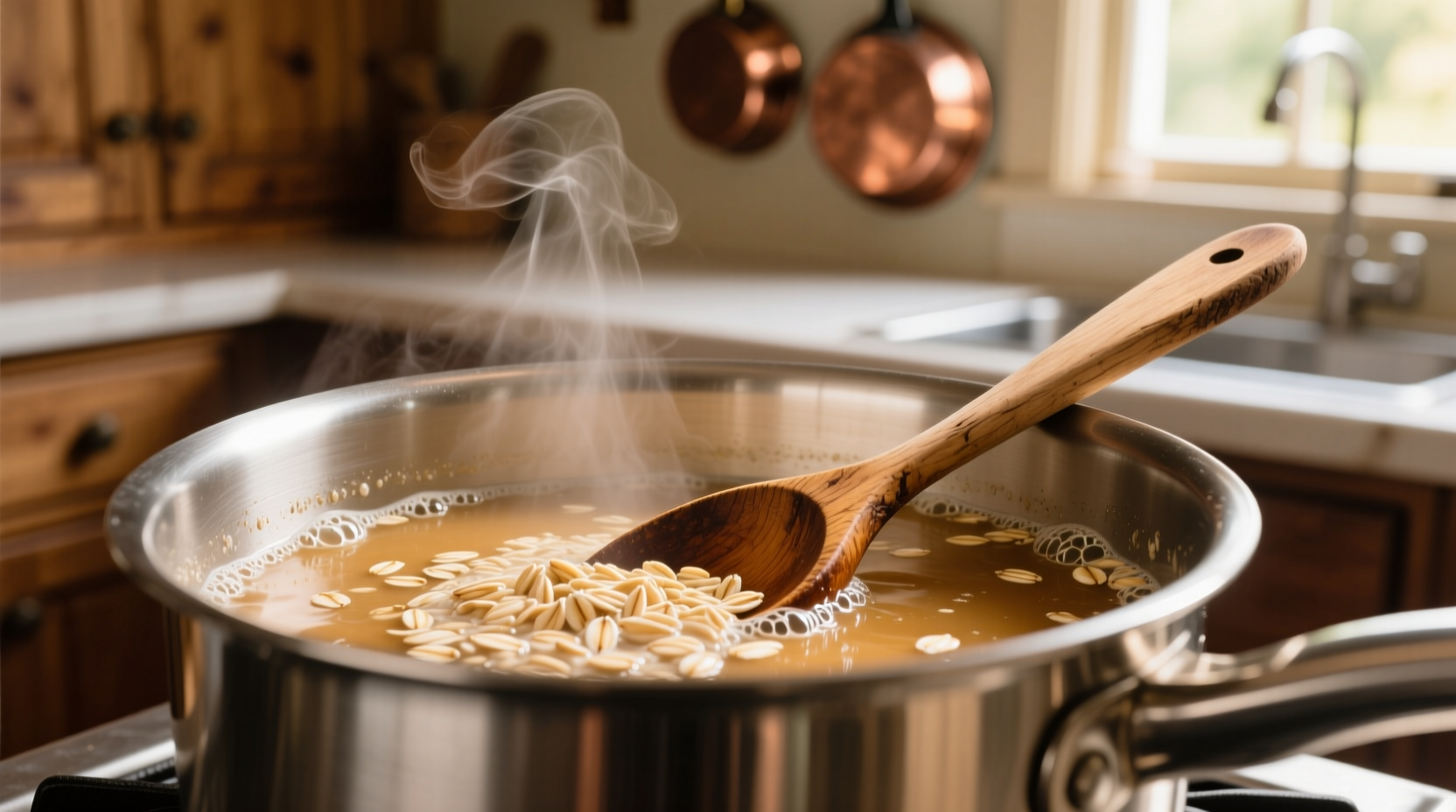 Creamy oats cooking in stainless steel pot with wooden spoon