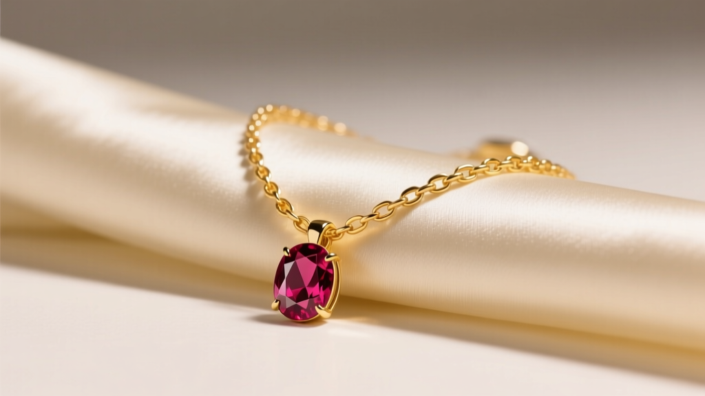 A 14k yellow gold chain holding a one-carat oval ruby pendant, resting on cream silk fabric under soft, warm studio lighting.