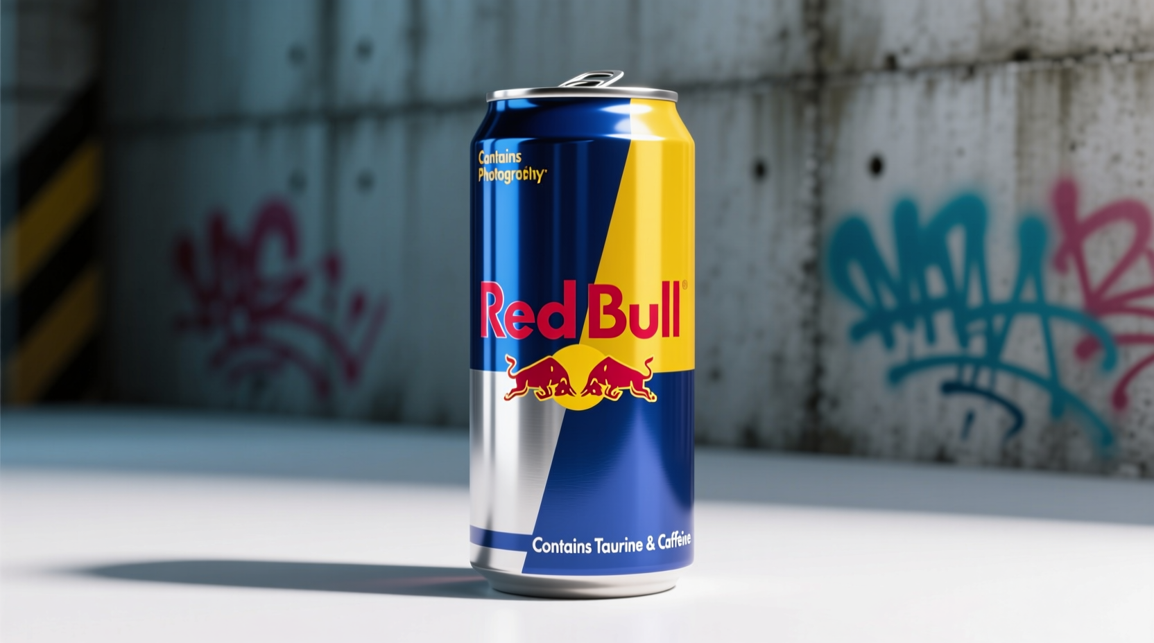 Red Bull can showing distinctive yellow and blue design