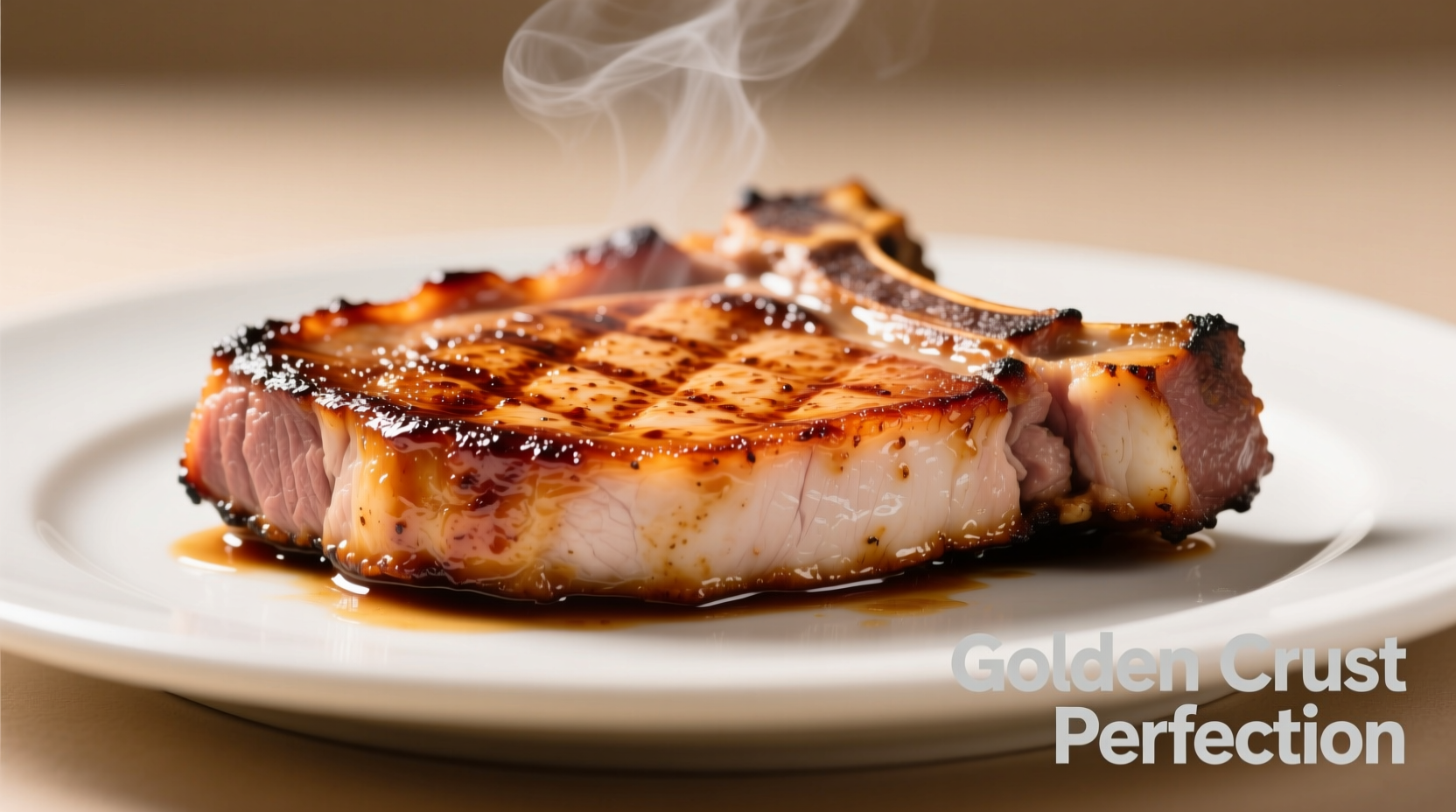 Perfectly cooked thick pork chop with golden crust
