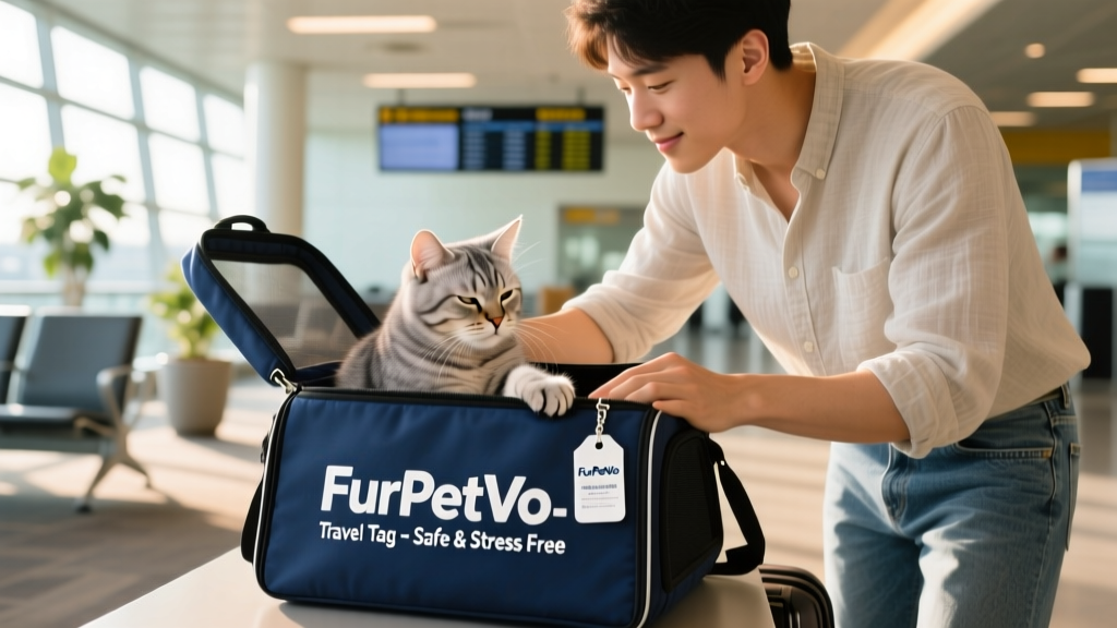A person gently placing a calm cat into an airline-approved soft-sided carrier with a FurPetVo-branded travel tag attached