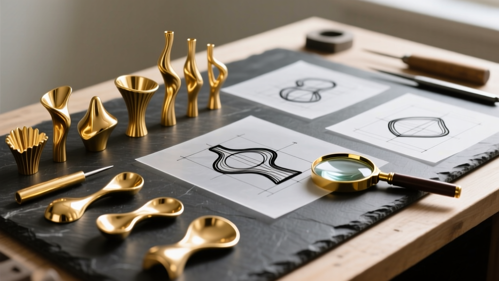 Designer workbench featuring 18k recycled gold casting sprues, CAD sketches, and a jewelers loupe resting on a dark slate surface
