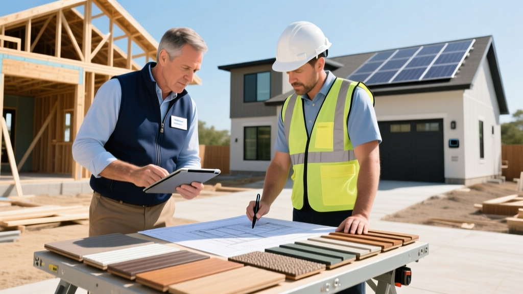 Insurance adjuster and contractor reviewing fiber cement siding samples and blueprints on a residential rebuild site in 2026