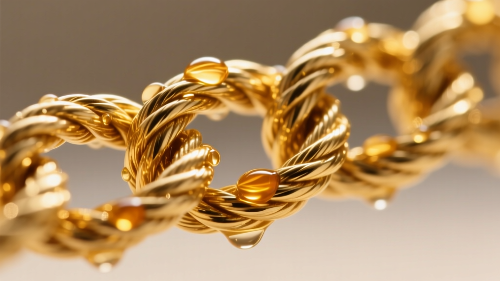 Macro shot of an 18k gold rope chain twist, revealing trapped lotion residue deep within the intricate metal spirals.