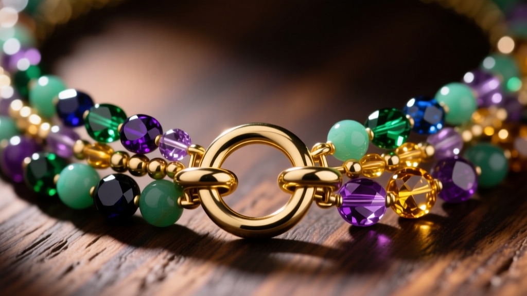 Close-up of a brass toggle clasp securing a thick mixed gemstone beaded necklace against a softly blurred dark wood background.