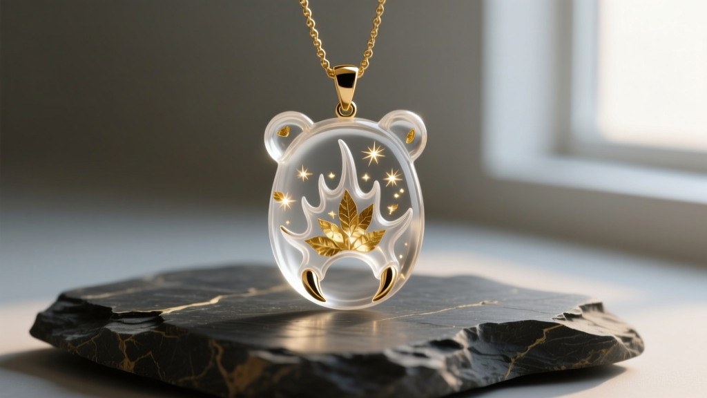 Macro photography of a translucent bio-resin bear claw pendant with suspended gold leaf inclusions resting on raw dark slate