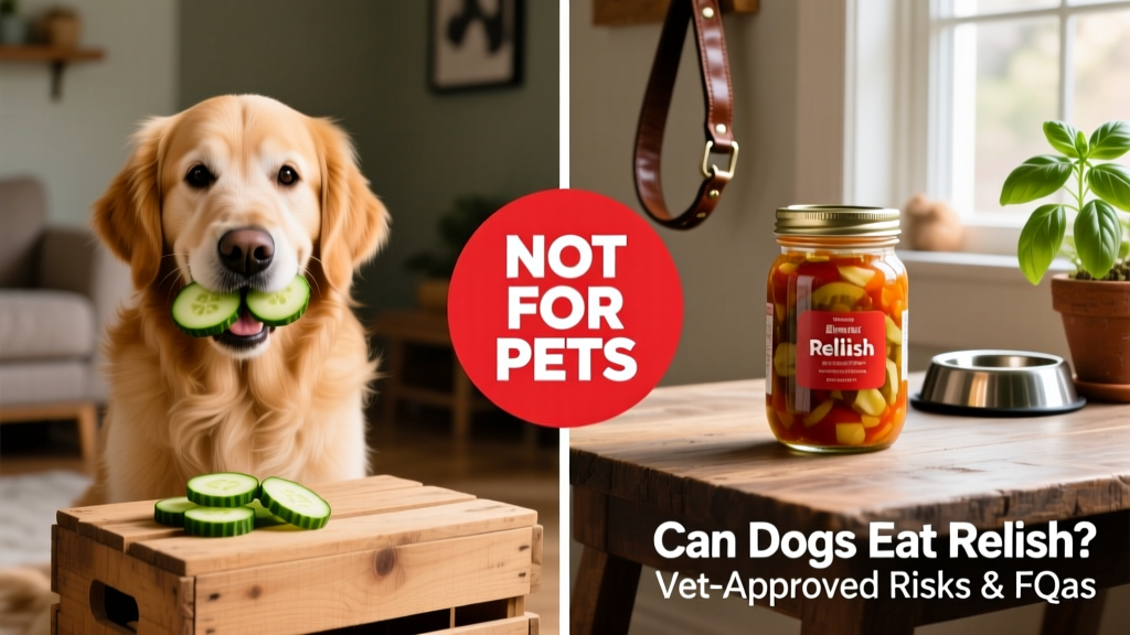 Side-by-side comparison: a dog safely enjoying cucumber slices versus a jar of relish with a 'not for pets' symbol overlaid