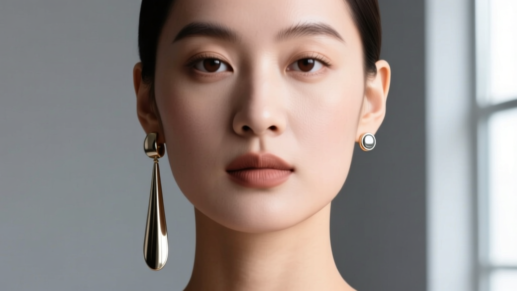 Diagram showing round face wearing 40mm elongated drop earrings versus 15mm round studs, demonstrating visual elongation effects.