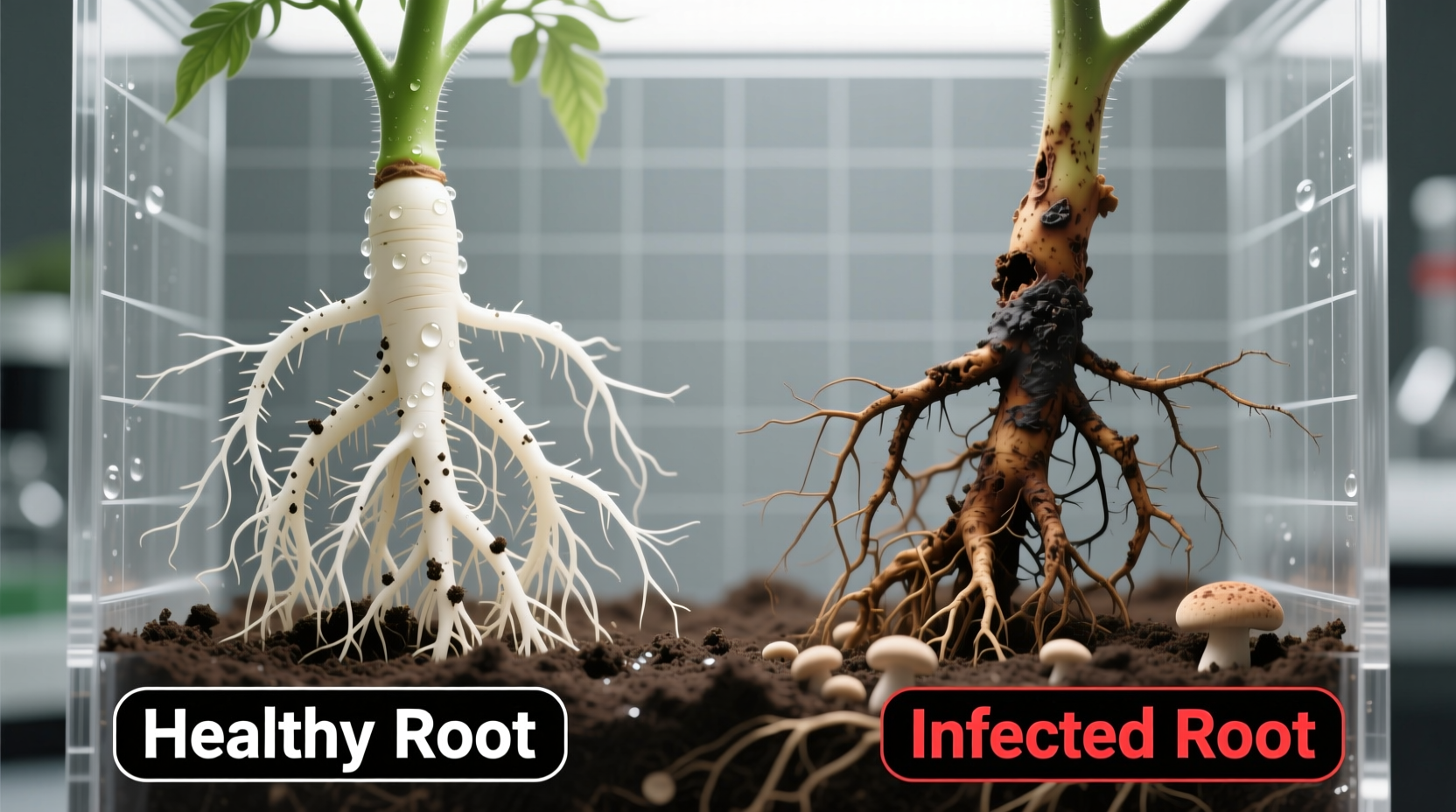 Close-up of healthy vs infected tomato roots comparison