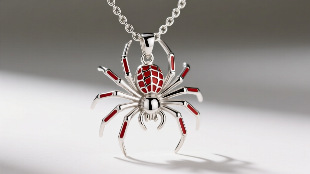 Macro close-up of a sterling silver spider pendant with recessed red enamel accents on a stainless steel box chain
