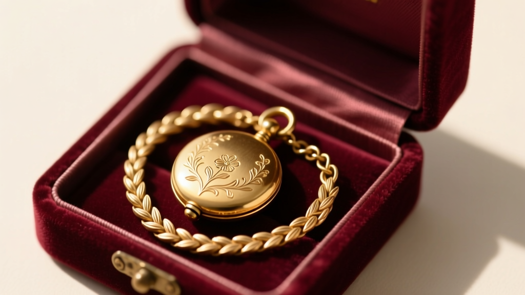 Softly lit close-up of an open velvet box revealing a vintage 18k gold locket pendant on a delicate interlocking wheat chain.