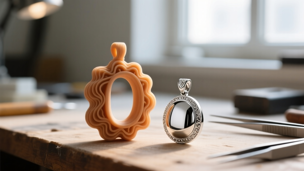 Close-up of a jeweler workbench showing a 3D printed wax model of a puffed initial pendant next to a finished cast silver piece.
