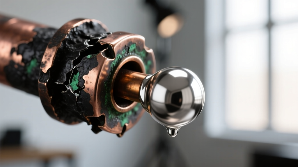 Macro photo of a failed copper jewelry solder joint showing oxidized black metal and a spherical ball of unflowed silver solder.