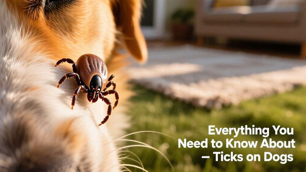 Close-up of a tick embedded in a dog's fur, showing its head partially buried and legs gripping the skin