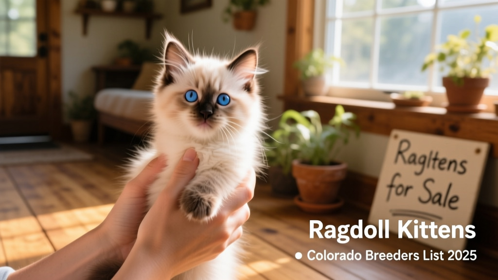 A breeder gently holding a young Ragdoll kitten while smiling warmly