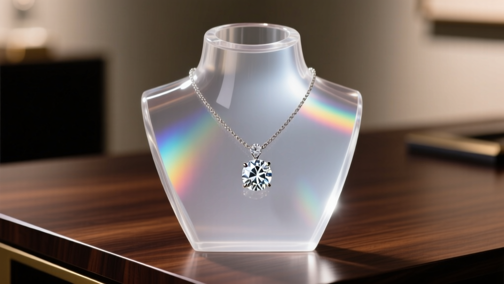 Close-up of clear cast acrylic necklace bust holding a diamond pendant, illuminated by soft gallery lighting on a dark wood desk.