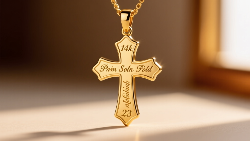 Macro photography of a 14k solid gold cross pendant with a micro-engraved Psalm 23 verse, catching warm sunlight against a blurred background