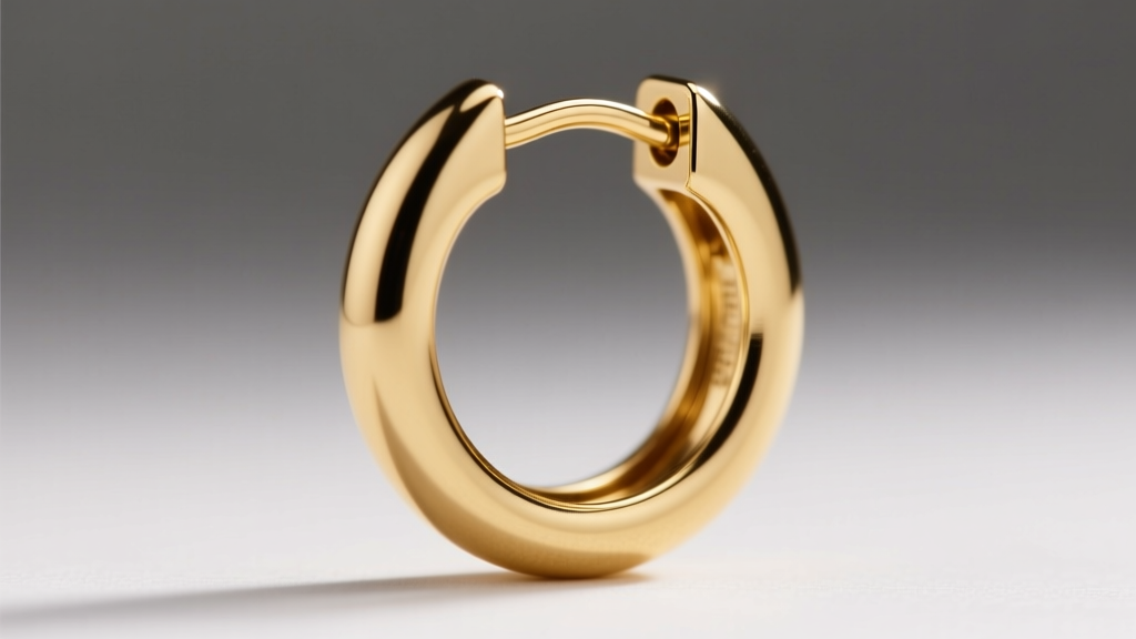 Close-up of a hinged clicker closure on a 16-gauge gold hoop earring, showing the interlocking latch and tiny hinge pin details.
