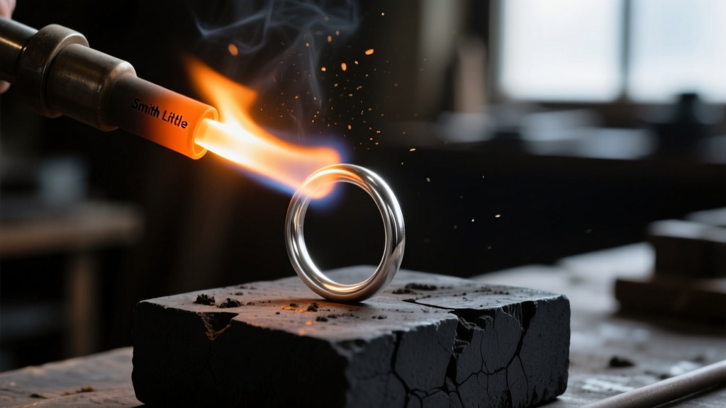 Glowing orange Smith Little Torch tip heating a sterling silver jump ring on a charcoal soldering block in a dimly lit workshop.