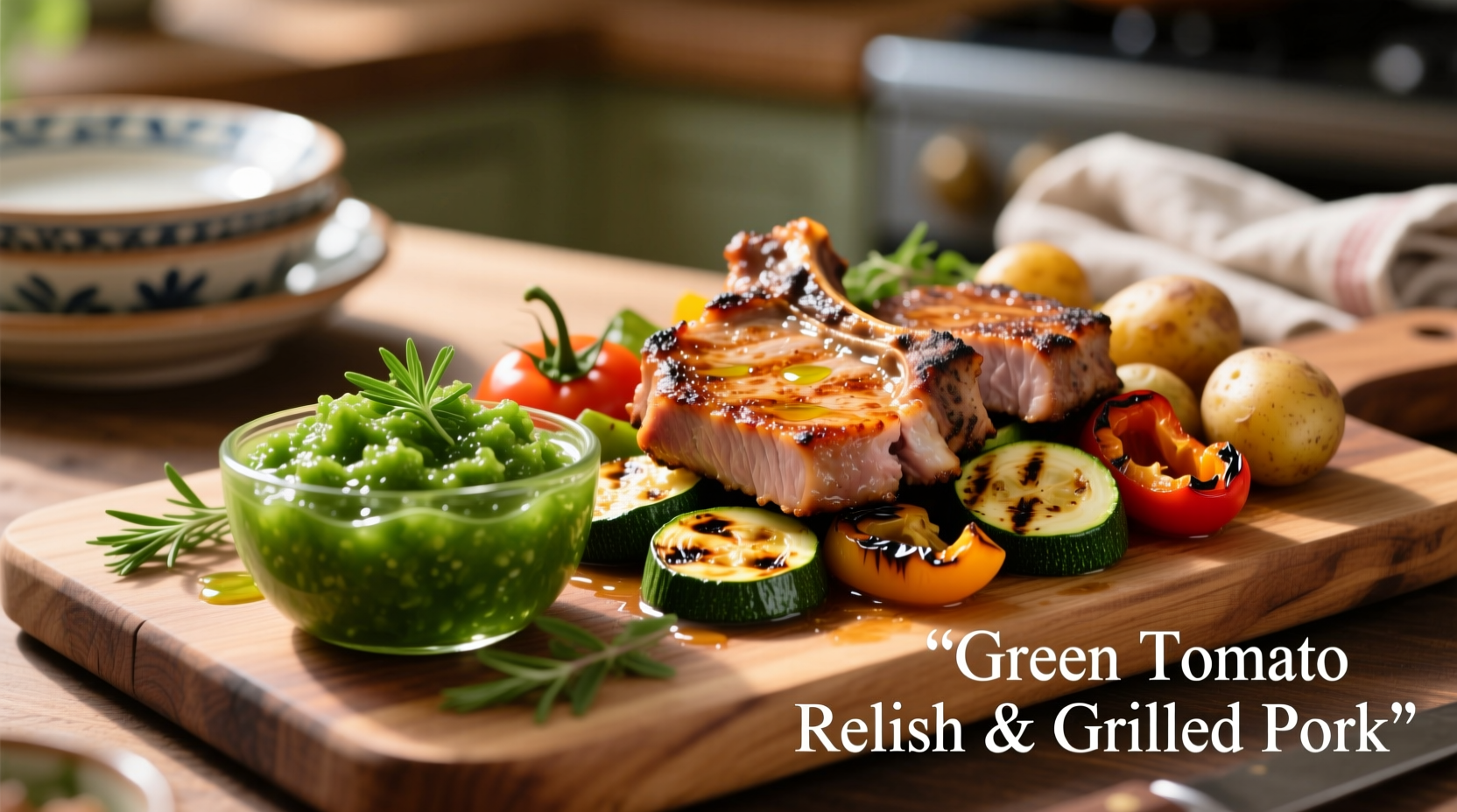 Green tomato relish served with grilled pork chops and vegetables