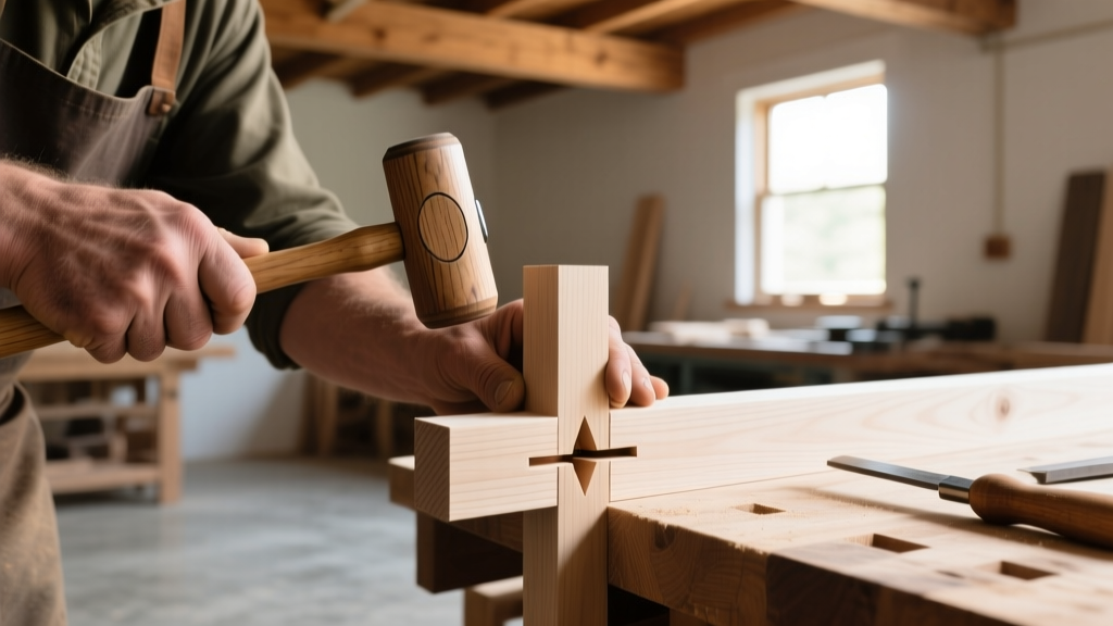 Close-up of a craftsman assembling a precise blind mortise and tenon joint in white oak using a wooden mallet in a bright workshop