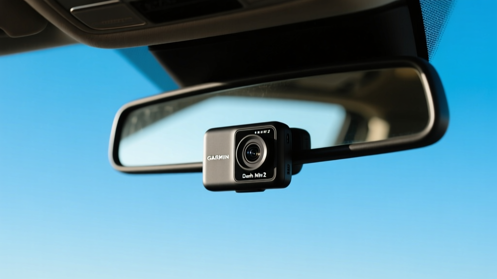 Close-up of a Garmin Dash Cam Mini 2 mounted discreetly behind a car rearview mirror against a clear blue sky windshield
