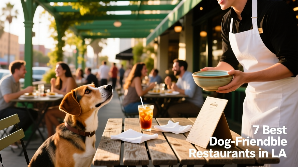 A friendly dog sitting under a shaded outdoor table at a bustling restaurant, looking up expectantly as a server approaches with a bowl of water