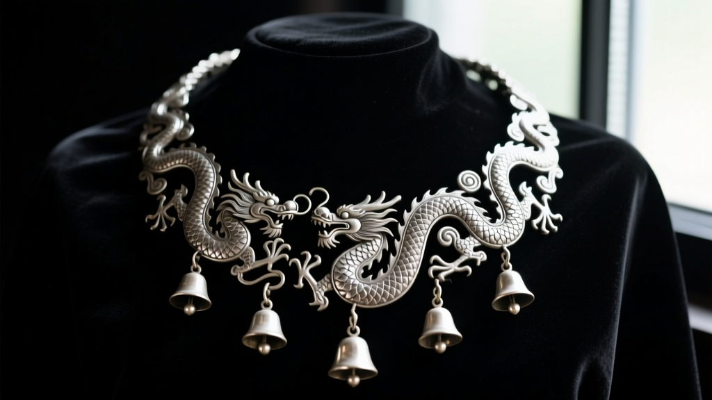 Close-up of a heavy vintage Hmong silver necklace with intricate repoussé dragon motifs and dangling bell pendants on dark velvet.