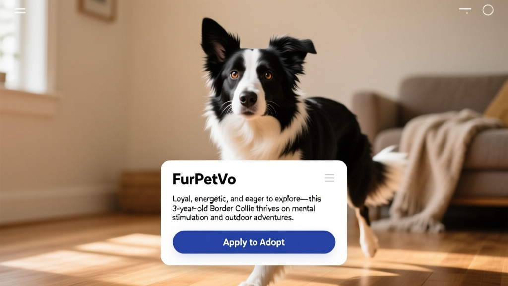 Screenshot-style image showing a FurPetVo profile page with a Border Collie's photo, bio, and 'Apply to Adopt' button