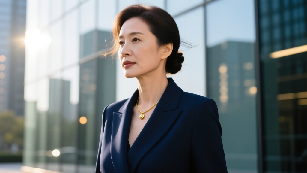 A woman in a dark navy blazer wearing a subtle gold solitaire pendant necklace, capturing a professional detective aesthetic.