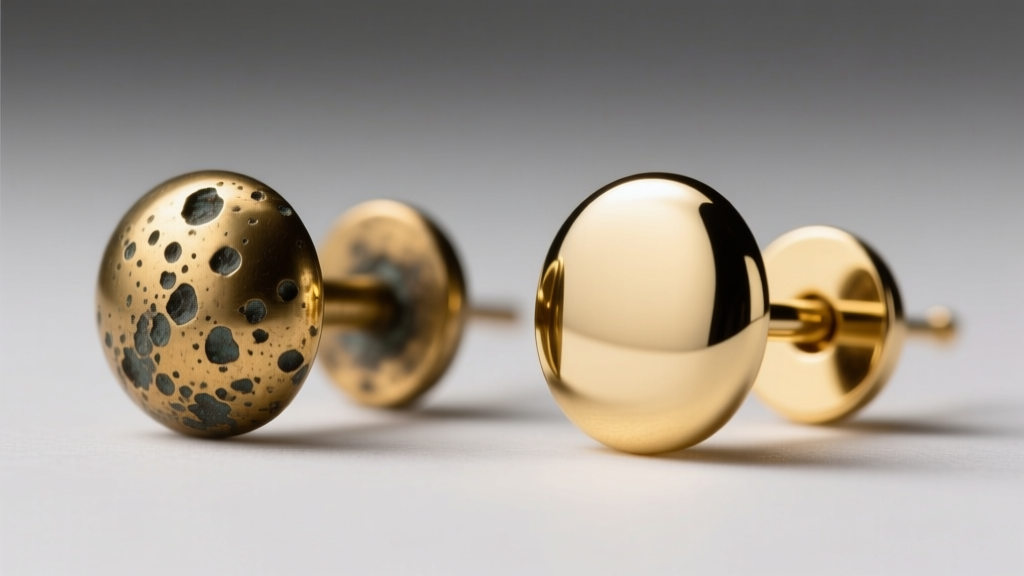 Microscope view of pitted brass earring post beside a flawless 14k gold post, showing surface texture and porosity differences.