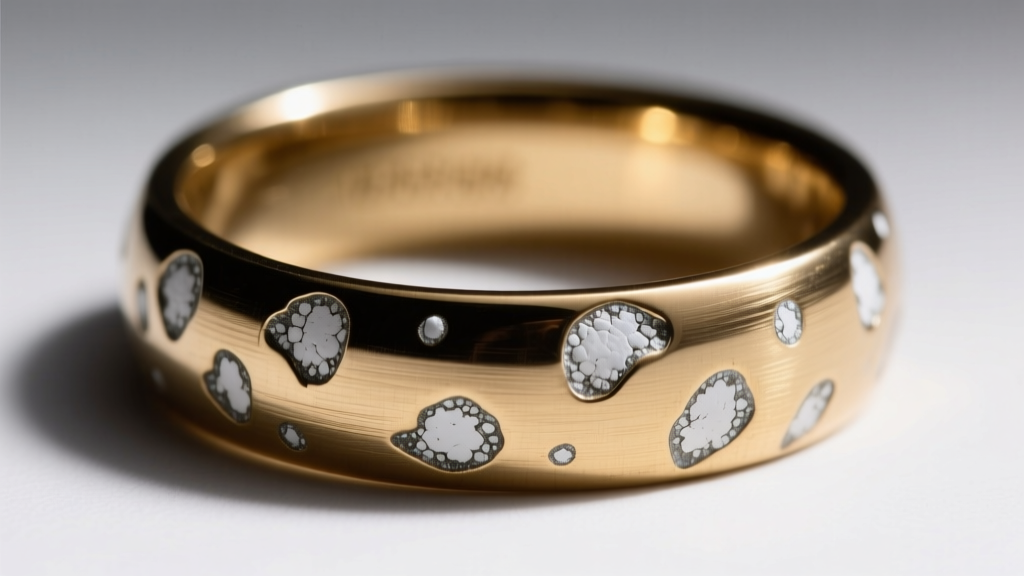 Macro shot of a brass fashion ring revealing white zinc oxidation spots on the inner band under bright, focused studio lighting.