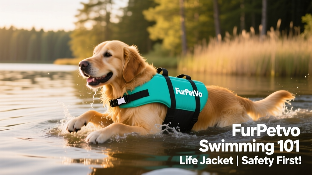 A golden retriever happily swimming in calm, shallow lake water with a FurPetVo life jacket on