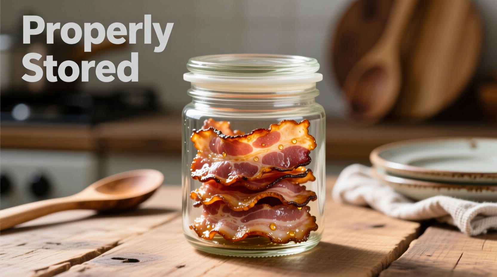 Properly stored cooked bacon in glass container