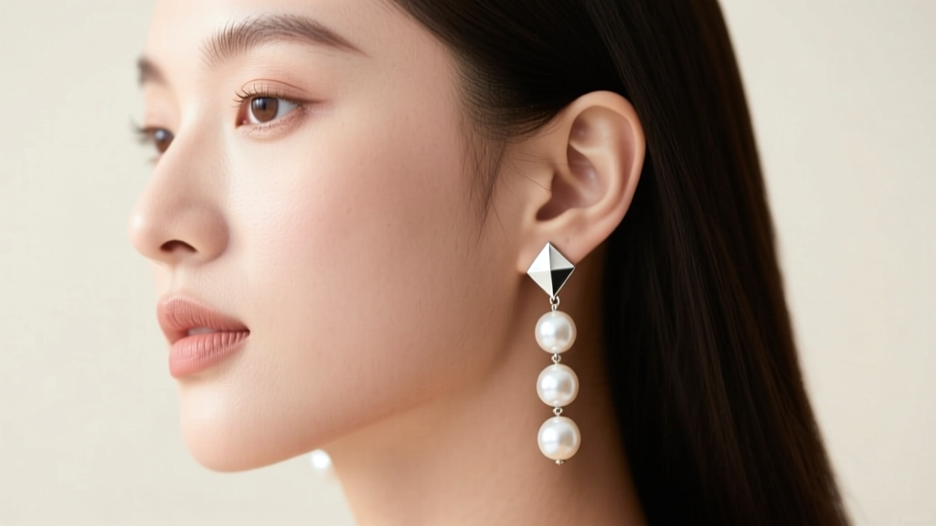 Profile portrait showing layered minimalist Jinu pearl drop earrings in the lobe and a small geometric stud in the upper cartilage.