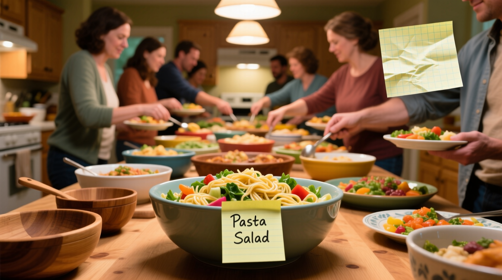 avoid space issues at potluck buffets with post it note
