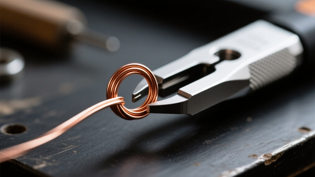 A one step looper tool for jewelry making forming a perfect loop on 22-gauge copper wire against a dark workbench.