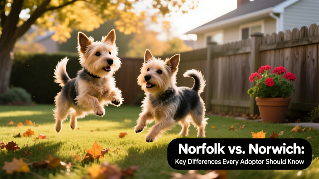A Norfolk Terrier and Norwich Terrier playing side by side in a sunlit backyard, highlighting their similar size and energetic posture