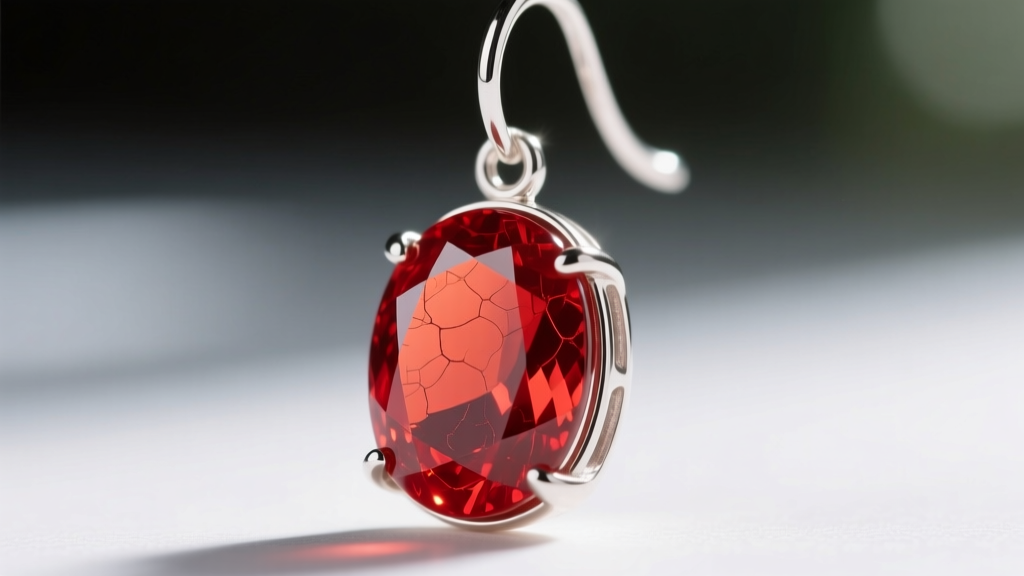 Macro photography of a vibrant red carnelian cabochon set in a sterling silver dangle earring, showing surface texture and polish.