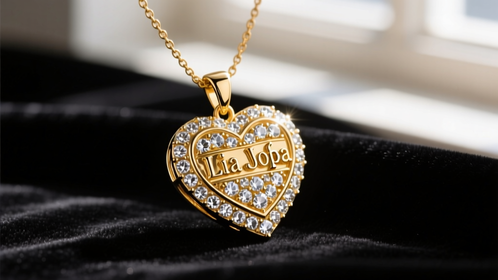Close-up of a vintage gold-tone Lia Sophia heart necklace pendant featuring pavé clear rhinestones resting on black velvet