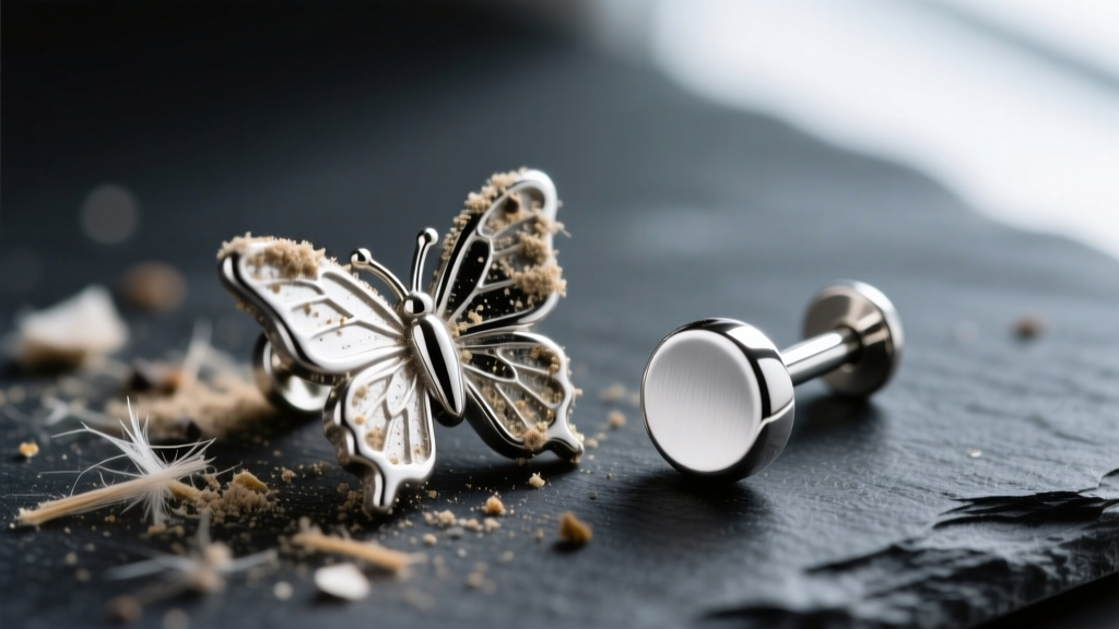 Macro shot comparing a debris-filled butterfly earring back next to a clean threadless titanium flat-back labret on dark slate